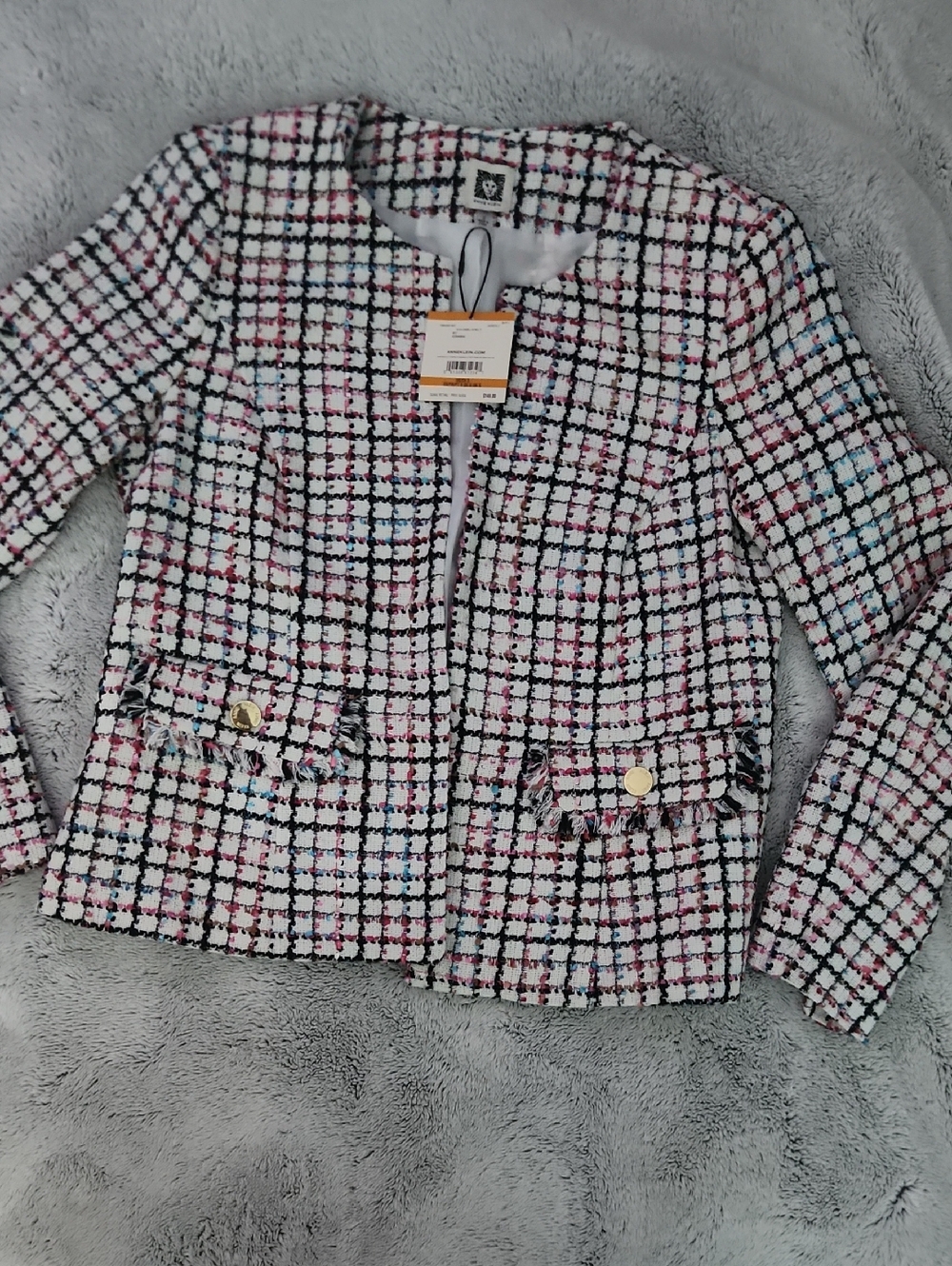 Anne Klein White Tweed Open-Front Blazer with Pink & Blue Accents